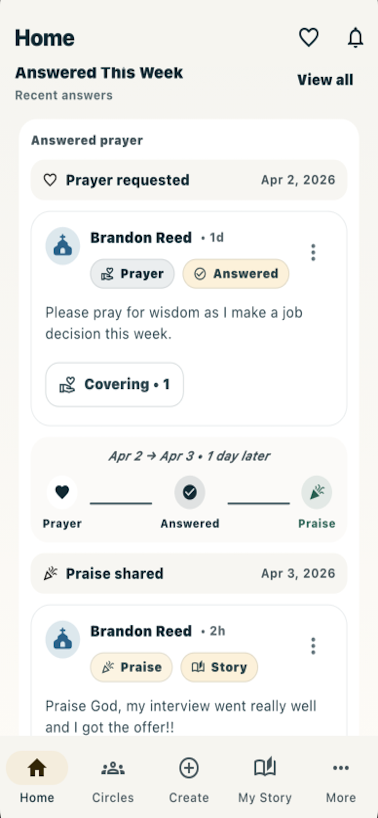 Answered prayer and praise flow in Praise Report