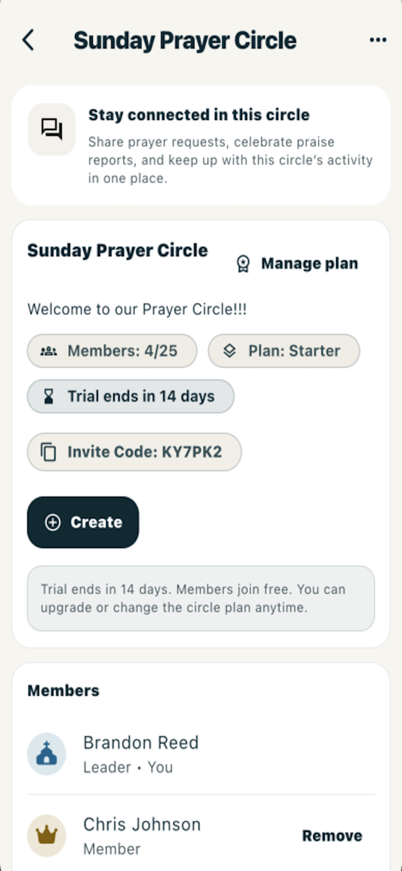Circle details screen in Praise Report