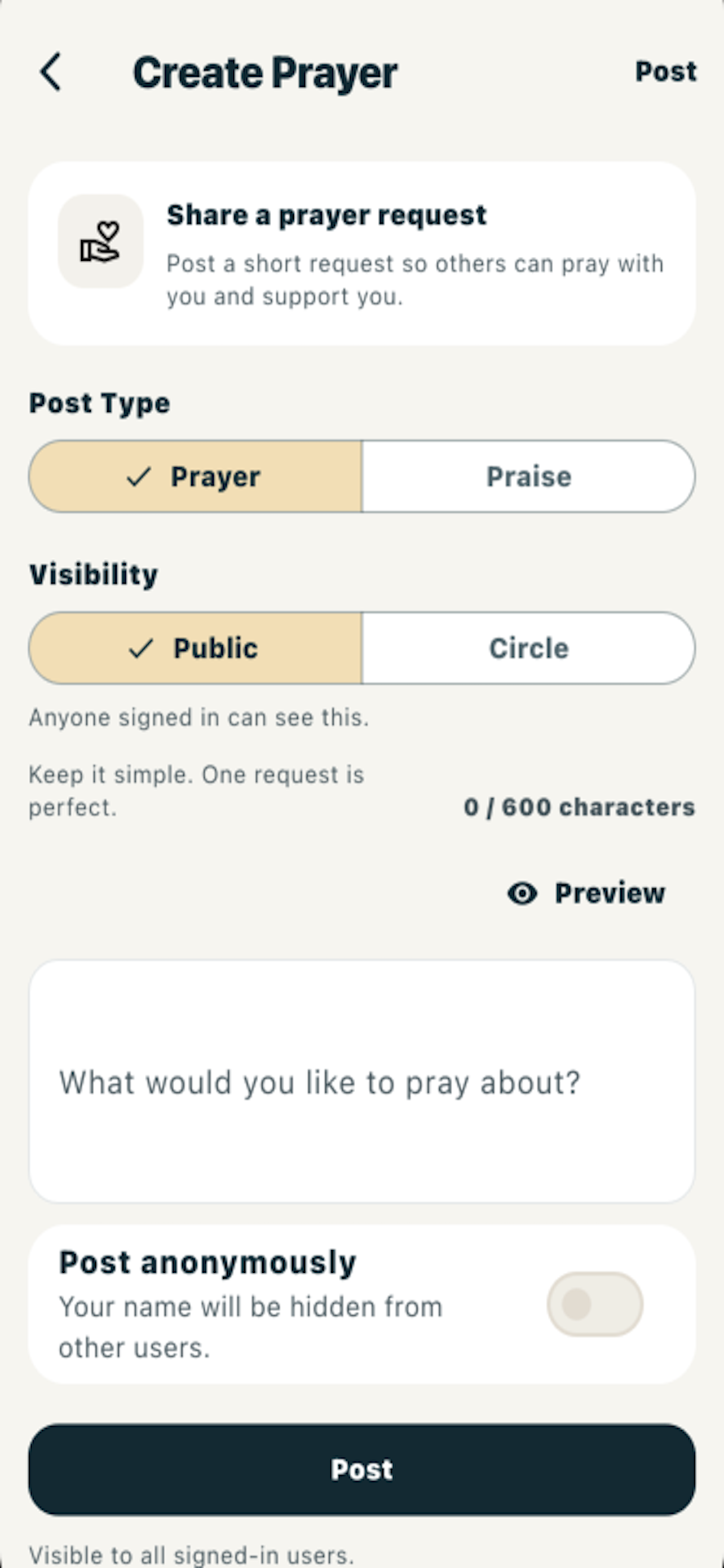 Create prayer screen in Praise Report