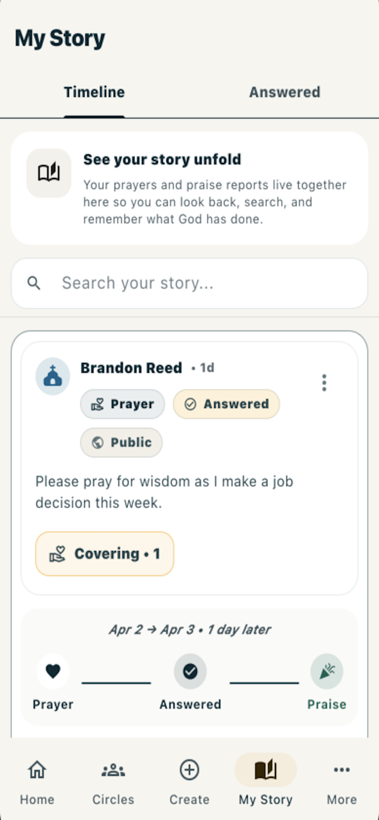 MyStory screen in Praise Report
